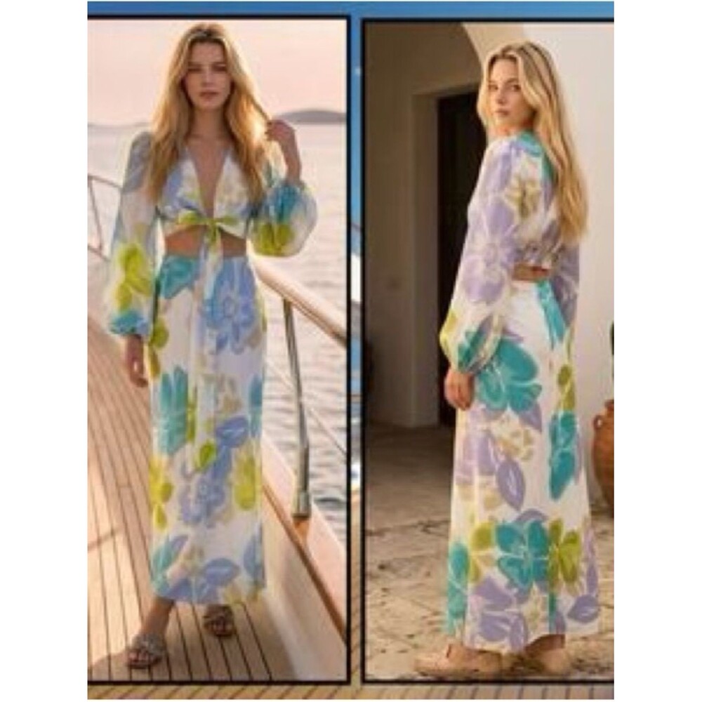 Mika & Gala Floral Skirt Set (Top + Midi Skirt) – Blue/Green Print NWT
